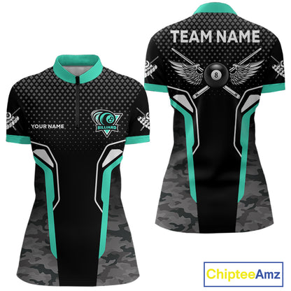 Black & Turquoise 8 Ball Pool Wings Custom Camo Billiard Shirt For Women, Billiard Team Jersey TDM4440