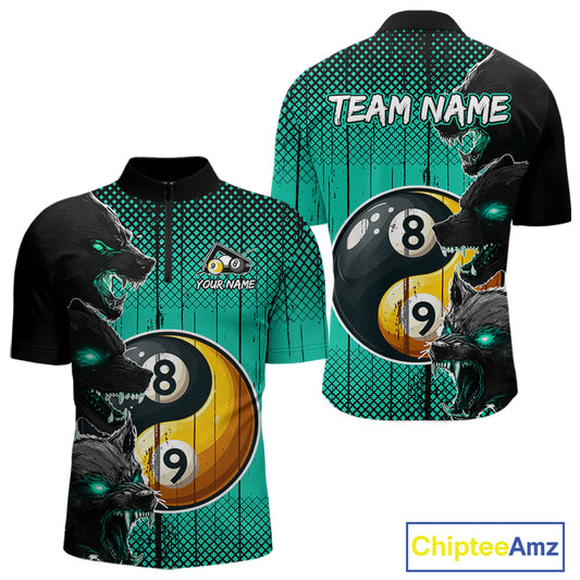 Funny Yin Yang Eyes Of Wolf Billiard Shirts For Men Custom 8 & 9 Ball Billiard Jersey|Turquoise TDM4441