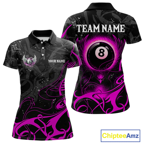 Personalized Black And Purple 8 Ball Wings Billiard Shirt For Women Custom Tribal Pool Team Jersey TDM4685