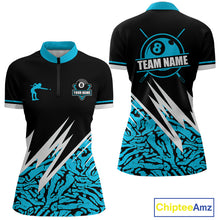 Load image into Gallery viewer, Personalized 8 Ball Billiard Jersey For Women Custom Black And Blue Pool Team Shirt Polo &amp; 1/4 Zip TDM5107