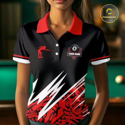 Personalized 8 Ball Billiard Jersey For Women Custom Black And Red Pool Team Shirt Polo & 1/4 Zip TDM5108