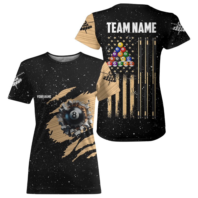 Customized Grunge American Flag 8 Ball Pool Billiard T Shirts For Women, Patriotic Pool Player Shirt TDM0999