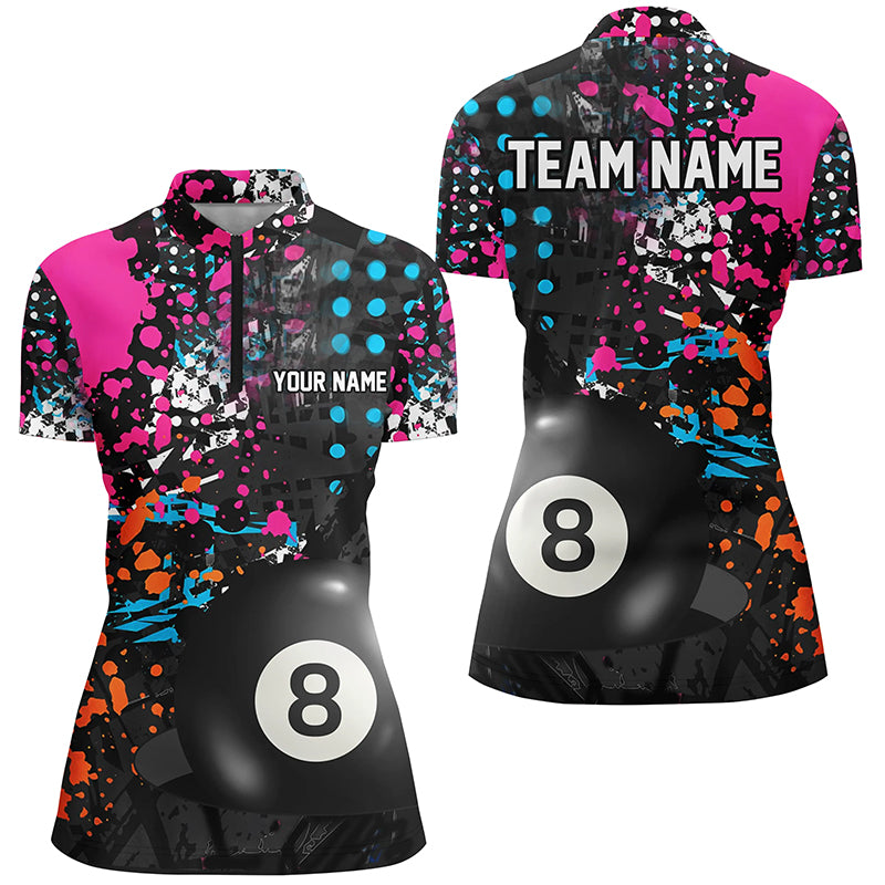 Personalized 3D 8 Ball Pool Grunge Colorful Women Quarter-Zip Shirts, Billiards Pool Shirts TDM1004
