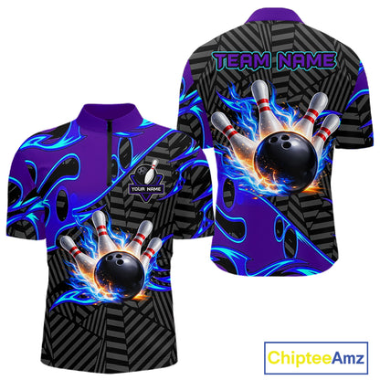 Custom Blue Purple Bowling Jersey For Men, Bowling Tournament Team Shirt Polo & Quarter Zip TDM5826