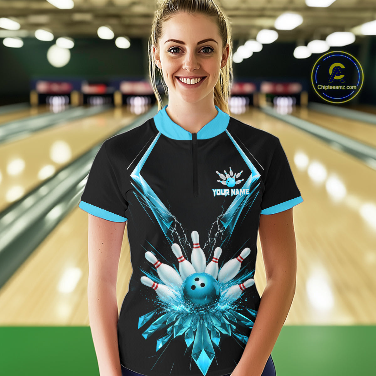 Custom Blue Bowling Jersey For Women, Crystal Lighting Bowling League Shirt Team Polo & 1/4 Zip TDM6429