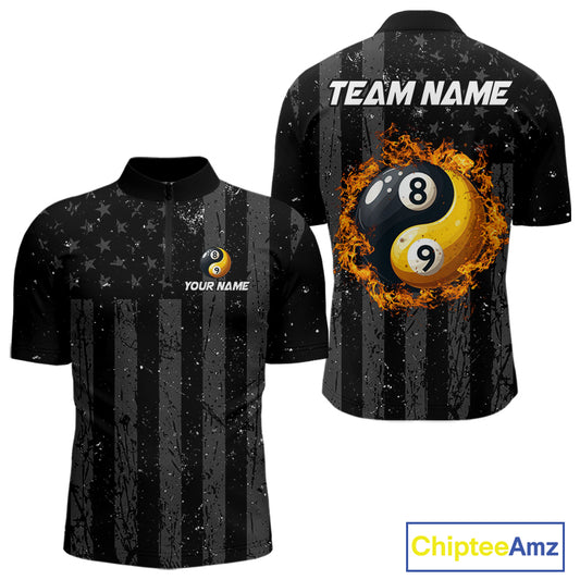 Black US Flag Ying And Yang 8 Ball & 9 Ball Custom Billiard Shirts For Men Funny Billiard Jerseys TDM4082