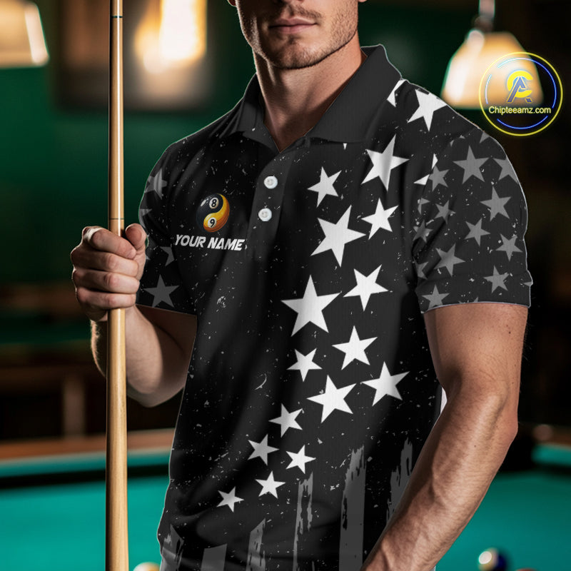 Black US Flag Ying And Yang 8 Ball & 9 Ball Custom Billiard Shirts For Men Funny Billiard Jerseys TDM4083