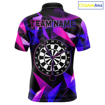 Pink and purple darts polo shirt with geometric design and dartboard, customizable name and team name