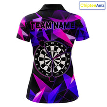 Load image into Gallery viewer, Pink and purple darts polo shirt with geometric design and dartboard, customizable name and team name