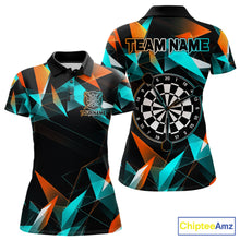 Load image into Gallery viewer, Orange and turquoise darts polo shirt with geometric design and dartboard, customizable name and team name