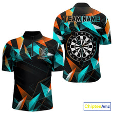 Load image into Gallery viewer, Orange and turquoise darts quarter zip shirt with geometric design and dartboard, customizable name and team name