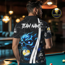 Load image into Gallery viewer, Back view of man wearing a blue skull 8 ball and 9 ball pool jersey.