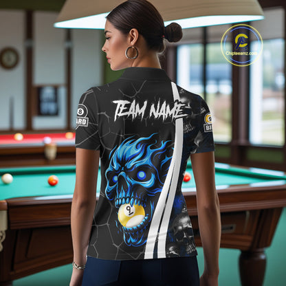 Back view of woman wearing a blue skull 8 ball and 9 ball pool jersey.