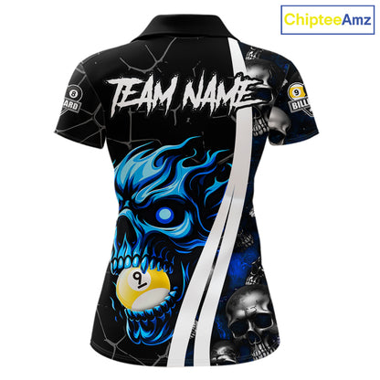 Blue skull 8 ball and 9 ball pool team polo shirt for women with skull billiard graphics.