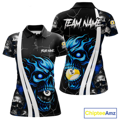 Blue skull 8 ball and 9 ball custom billiard polo shirt for women, pool team jersey and tournament apparel.