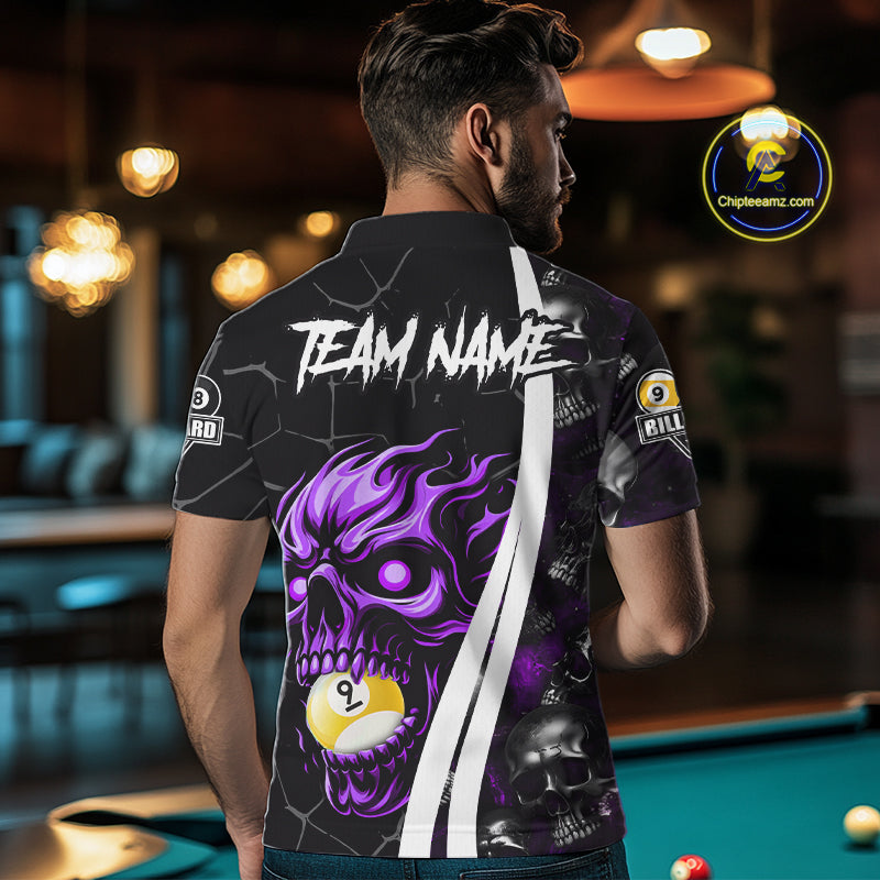 Back view of man wearing a purple skull 8 ball and 9 ball pool jersey.