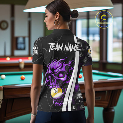 Back view of woman wearing a purple skull 8 ball and 9 ball pool jersey.