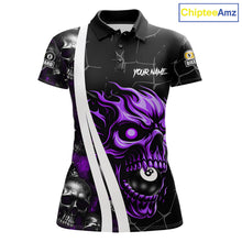 Load image into Gallery viewer, Purple skull 8 ball and 9 ball custom billiard polo shirt for women, pool team jersey and tournament apparel.
