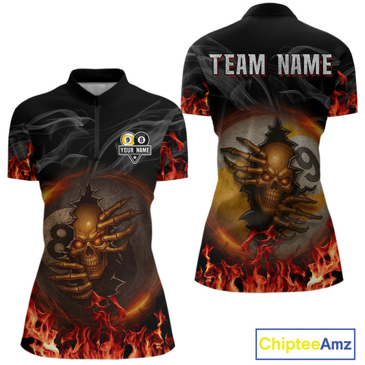 Funny Skull Billiard 8 Ball & 9 Ball Pool Shirt For Women Custom Orange Flame Billiard Team Jerseys TDM4451