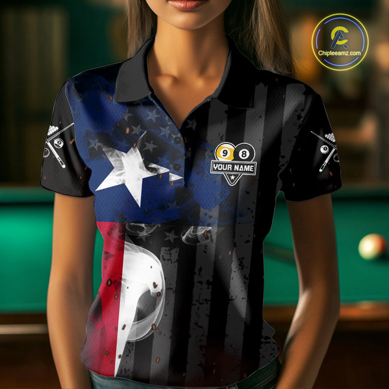Woman Wearing Personalized Vintage Smoke Texas Flag 8 Ball 9 Ball Billiard Polo Shirt with Athletic Performance Fit and Patriotic Graphic Artwork, Front View