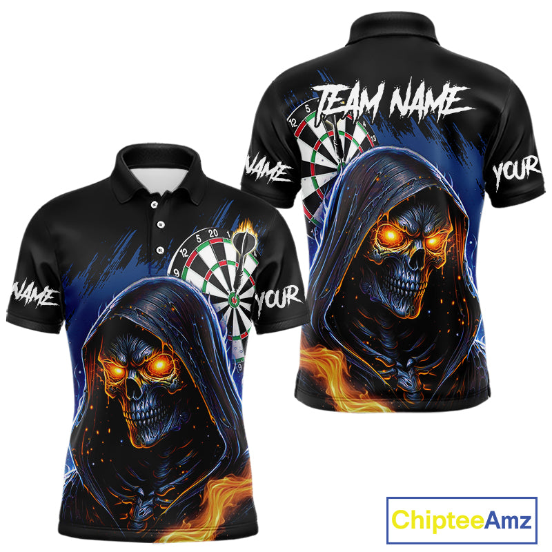 Personalized Blue Death Skeleton Fire Dart Shirts For Men Custom Skull Dart Jersey Polo & 1/4 Zip TDM4892