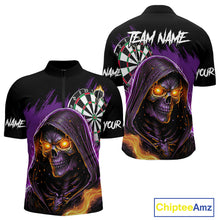 Load image into Gallery viewer, Personalized Purple Death Skeleton Fire Dart Shirt For Men Custom Skull Dart Jersey Polo &amp; 1/4 Zip TDM4893