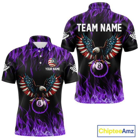 Purple Flaming American Flag Eagle 8 Ball Billiard Shirt For Men Custom Patriotic Pool Team Jersey TDM5588