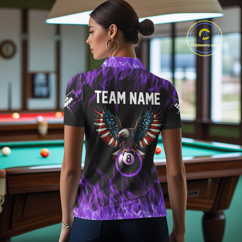 Purple Flaming American Flag Eagle 8 Ball Billiard Shirt For Women Custom Patriotic Pool Team Jersey TDM5588