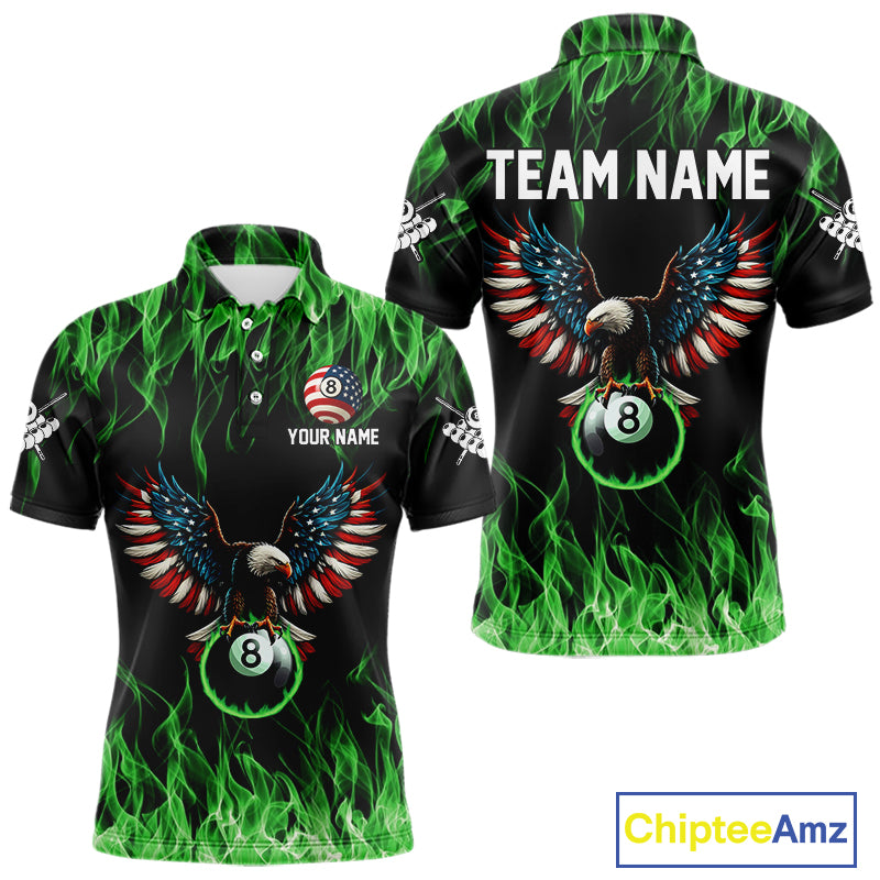 Green Flaming American Flag Eagle 8 Ball Billiard Shirt For Men Custom Patriotic Pool Team Jersey TDM5589