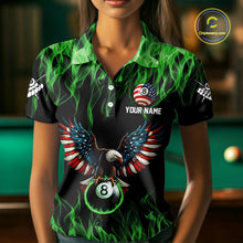 Load image into Gallery viewer, Green Flaming American Flag Eagle 8 Ball Billiard Shirt For Women Custom Patriotic Pool Team Jersey TDM5589