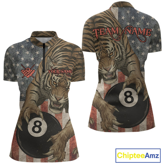 Personalized Vintage American Flag Tiger Billiard Shirt For Women, 8 Ball Pool Billiard Team Jerseys TDM5590