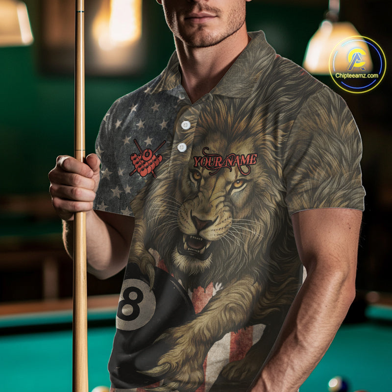 Personalized Vintage American Flag Lion Billiard Shirt For Men, 8 Ball Pool Billiard Team Jerseys TDM5591