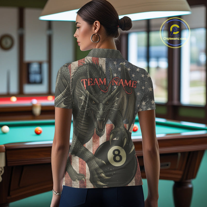 Personalized Vintage American Flag Dragon Billiard Shirt For Women, 8 Ball Pool Billiard Team Jerseys TDM5592