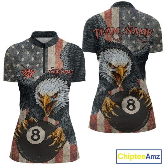 Personalized Vintage American Flag Eagle Billiard Shirt For Women, 8 Ball Pool Billiard Team Jerseys TDM5593