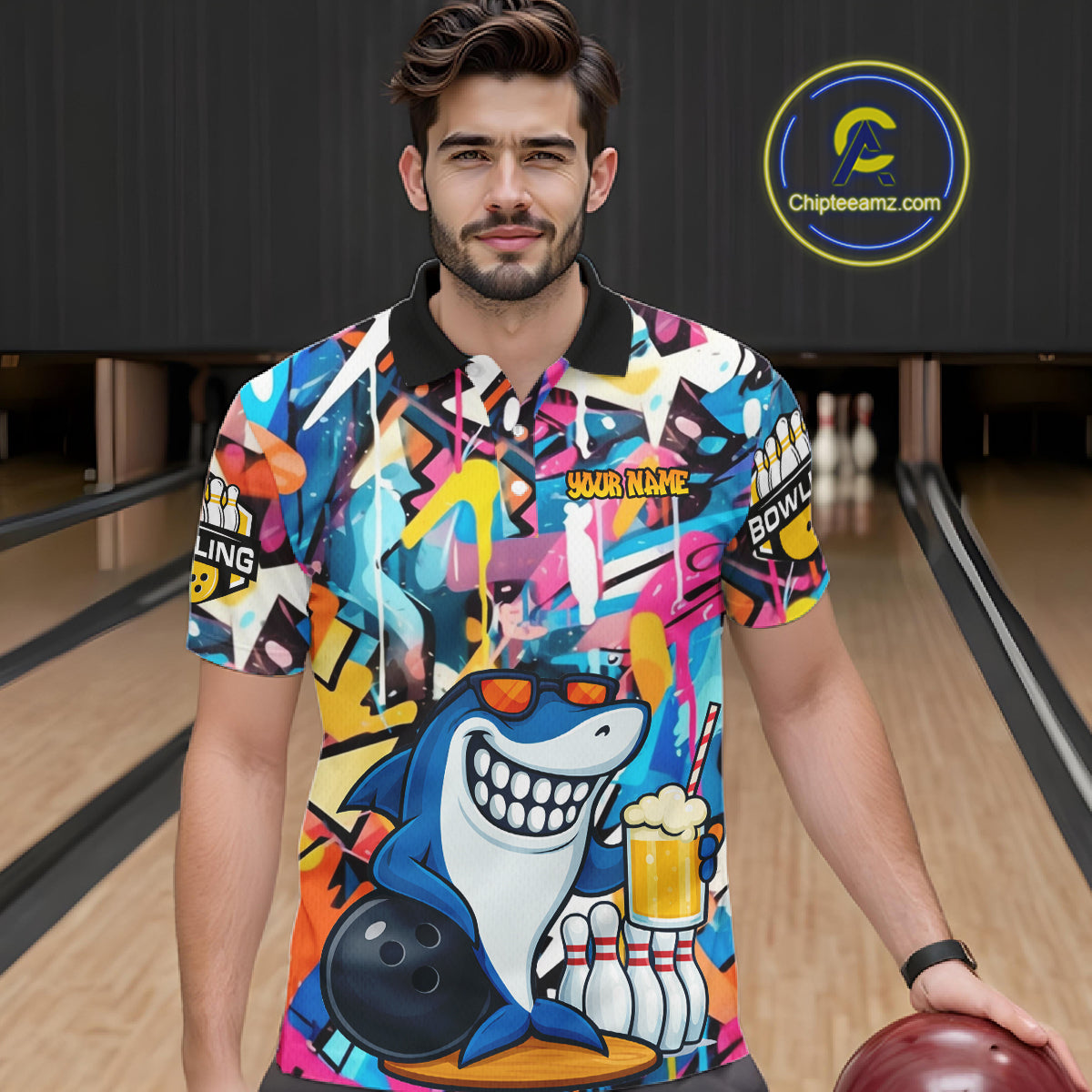 Funny Shark Colorful Graffiti Bowling Shirts For Men, Best Bowling Team Jersey Polo & 1/4 Zip TDM6208