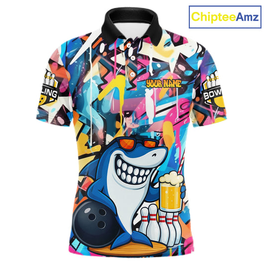 Funny Shark Colorful Graffiti Bowling Shirts For Men, Best Bowling Team Jersey Polo & 1/4 Zip TDM6208