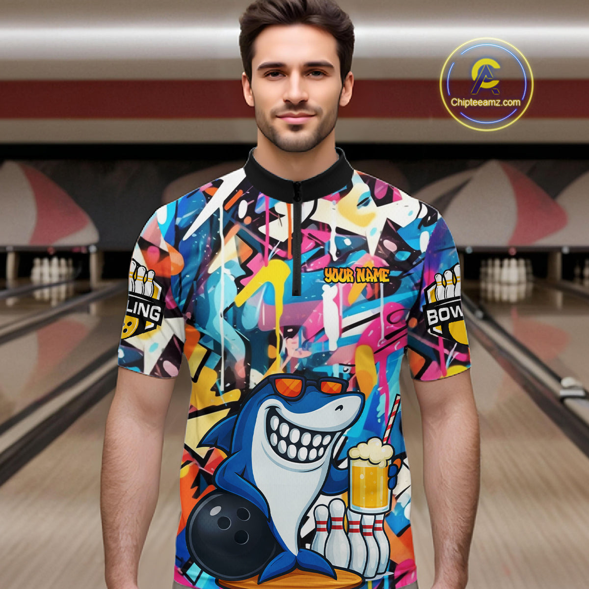 Funny Shark Colorful Graffiti Bowling Shirts For Men, Best Bowling Team Jersey Polo & 1/4 Zip TDM6208