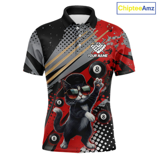 Custom Red Funny Cat Billiard Shirt For Men, Personalized 8 Ball Pool Team Jersey Polo & 1/4 Zip TDM6441
