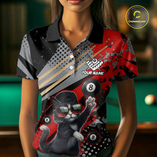 Load image into Gallery viewer, Custom Red Funny Cat Billiard Shirt For Women, Personalized 8 Ball Pool Team Jersey Polo &amp; 1/4 Zip TDM6441