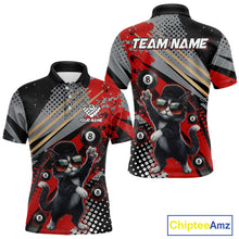 Load image into Gallery viewer, Custom Red Funny Cat Billiard Shirt For Men, Personalized 8 Ball Pool Team Jersey Polo &amp; 1/4 Zip TDM6441