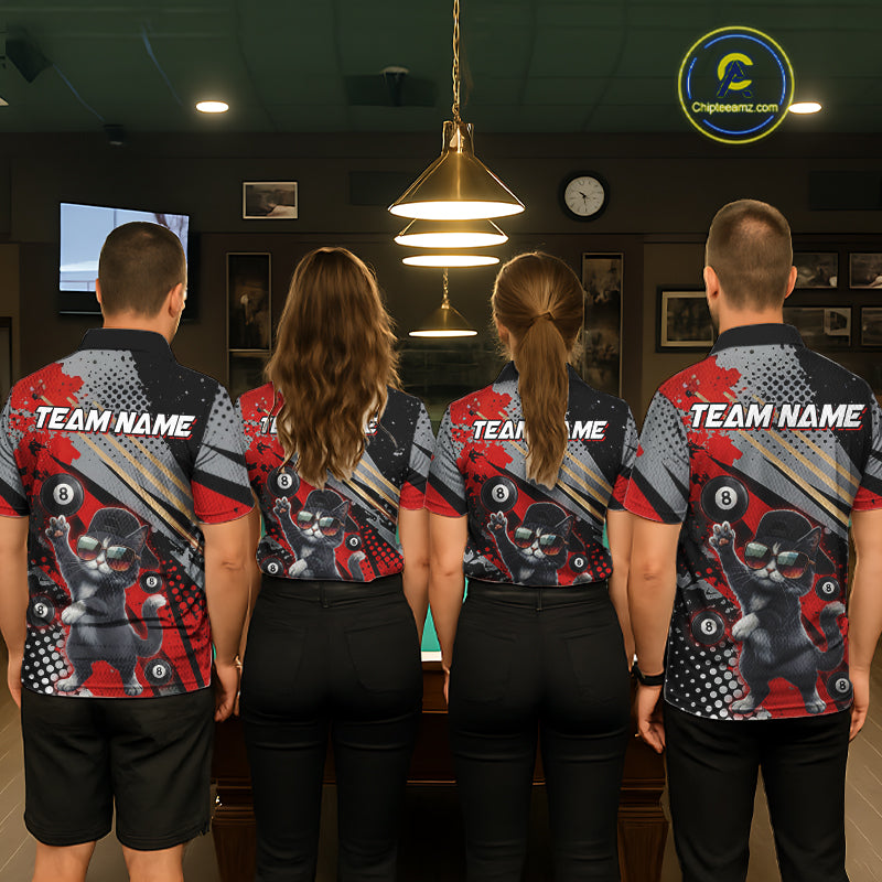 Custom Red Funny Cat Billiard Shirt For Men, Personalized 8 Ball Pool Team Jersey Polo & 1/4 Zip TDM6441