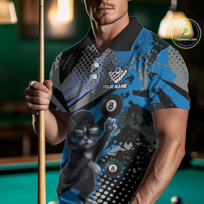 Custom Blue Funny Cat Billiard Shirt For Men, Personalized 8 Ball Pool Team Jersey Polo & 1/4 Zip TDM6442