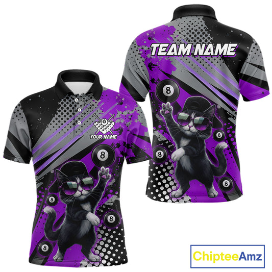 Custom Purple Funny Cat Billiard Shirt For Men, Personalized 8 Ball Pool Team Jersey Polo & 1/4 Zip TDM6443