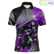 Load image into Gallery viewer, Custom Purple Funny Cat Billiard Shirt For Men, Personalized 8 Ball Pool Team Jersey Polo &amp; 1/4 Zip TDM6443