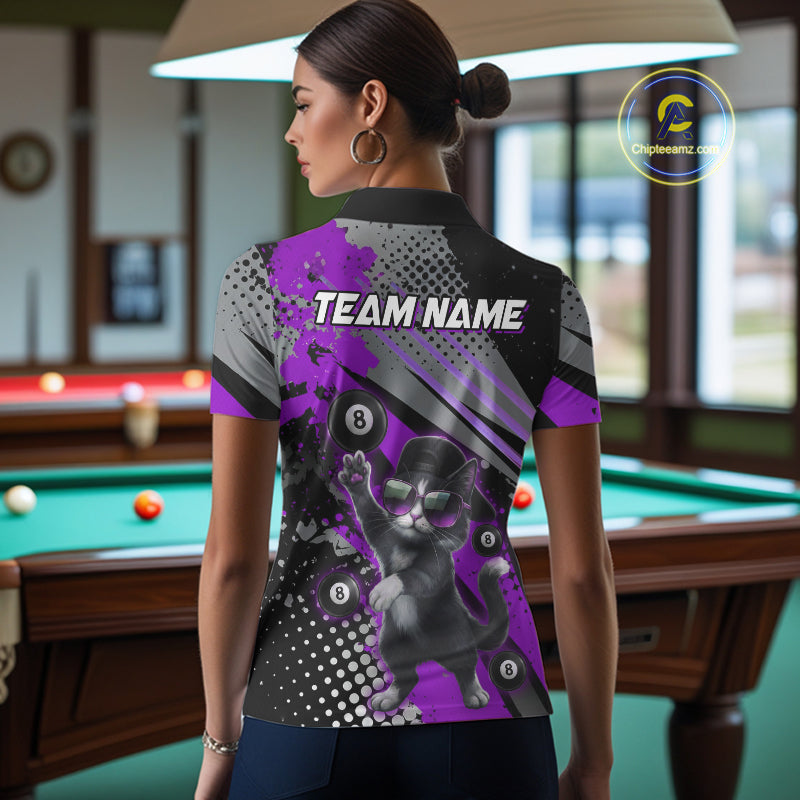 Custom Purple Funny Cat Billiard Shirt For Women, Personalized 8 Ball Pool Team Jersey Polo & 1/4 Zip TDM6443