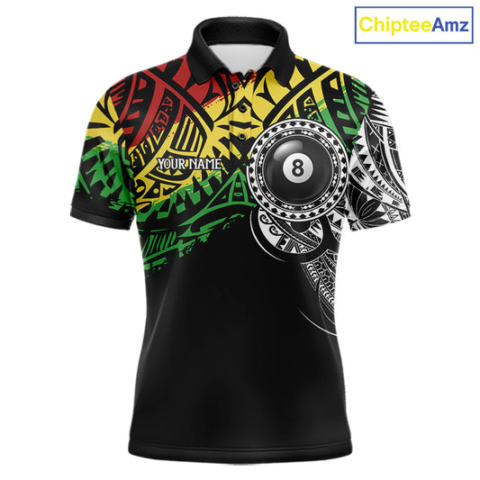 Men’s tribal 8 ball billiard polo shirt with personalized team details for pool league play.