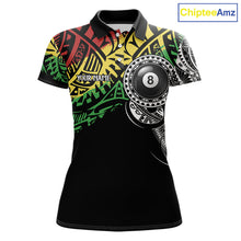 Load image into Gallery viewer, Women’s tribal 8 ball billiard polo shirt with personalized team details for pool league play.
