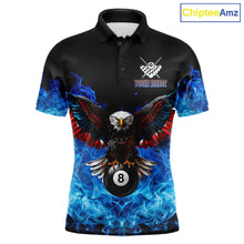 Load image into Gallery viewer, Custom blue flame smoke pool jersey for men with eagle skull artwork and league style.