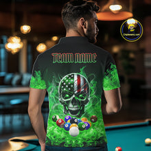 Load image into Gallery viewer, Back view of man wearing a green flame eagle skull pool team shirt in a billiards hall.