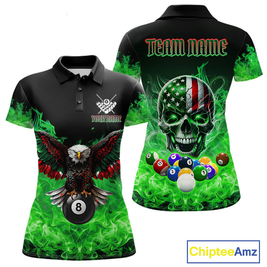 Women’s green flame eagle skull billiard polo shirt with patriotic pool team graphics.